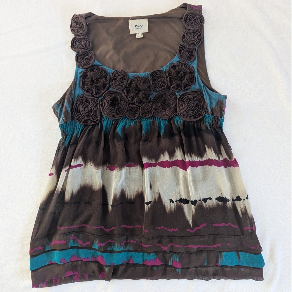 Babydoll Tank Top Brown Teal Pink Tie Dye Rosette Sz 6 Boho Festival Whimsigoth